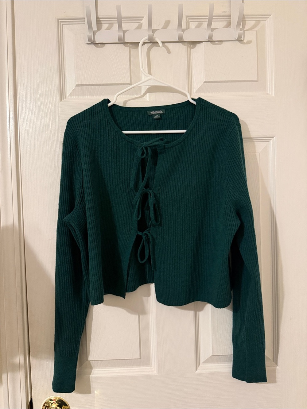 wild fable Dark Green Ribbed Long Sleeve Tie-Front Cardigan